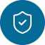 Icon of a white shield outline with a white checkmark inside, set against a solid dark blue circle.