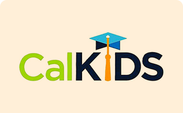 The CalKIDS logo features the word "Cal" in bright green, and "KIDS" in dark blue. The letter 'I' is replaced by an orange tassel topped with a blue graduation cap.