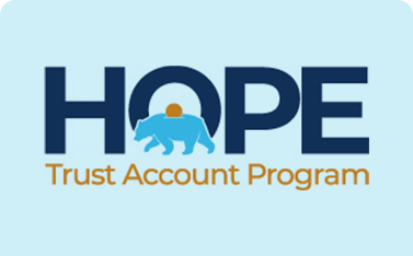 The HOPE Trust Account Program logo shows the word "HOPE" in large blue letters, with a light blue California bear silhouette carrying a coin on its back inside the 'O'. The text "Trust Account Program" is below in orange.