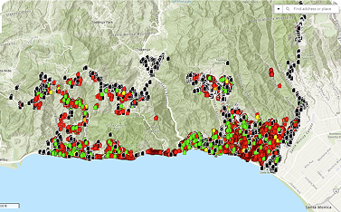 Geographic map of the Santa Monica Mountains coastline, marked by dense clusters of color-coded points (red, green, and black) showing data distribution near the coast.