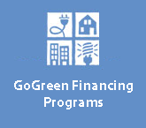 Icon divided into four white squares: a plug (top left), a house (top right), apartment buildings (bottom left), and a lightbulb (bottom right), above the text "GoGreen Financing Programs".
