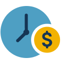 Icon showing a blue clock with hands, partially overlaid by a yellow coin containing a dark blue dollar sign ($).